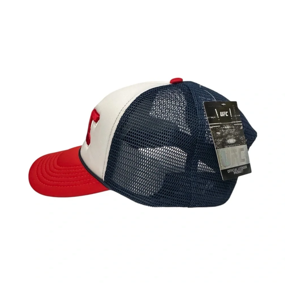 UFC Foamie Fresh Red White Blue Mesh Trucker Hat Back Embroidered Logo Unisex